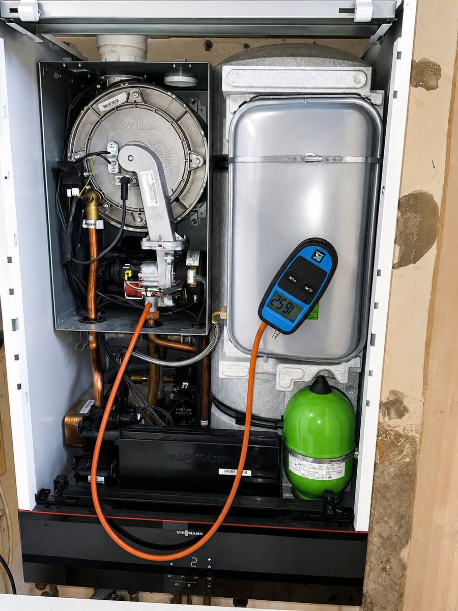 Westlands Heating engineer testing a boiler with the case open